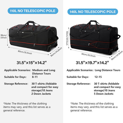 Wheeled Collapsible Duffel Bag,110L-140L Expandable Checked Luggage, No-Telescopic-Handle with Anti-Burst Zipper & Reinforced Frame,Black-red