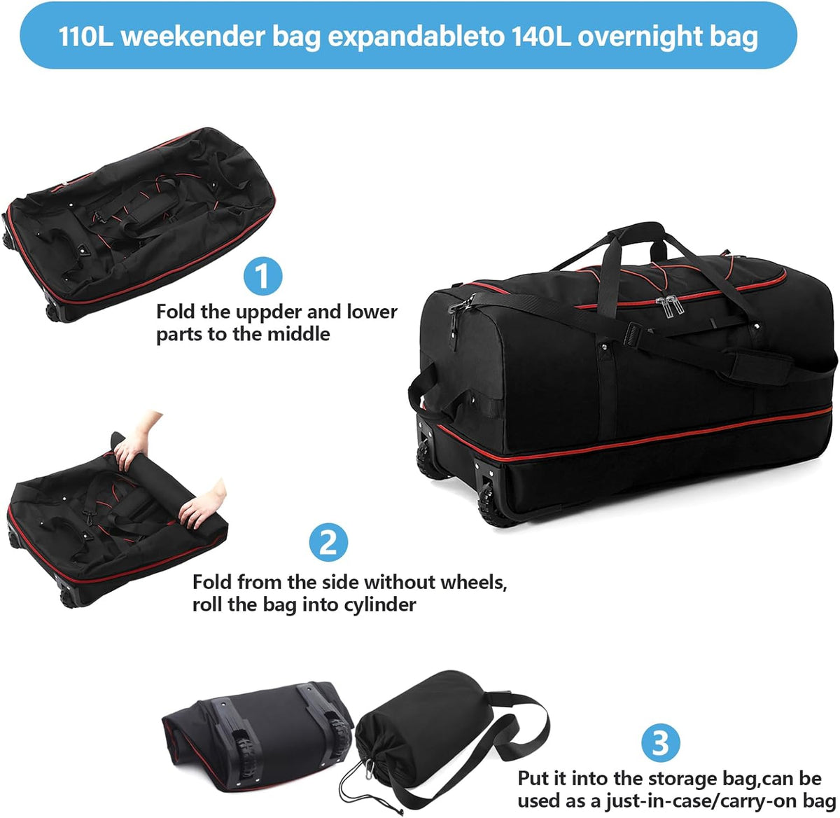 Wheeled Collapsible Duffel Bag,110L-140L Expandable Checked Luggage, No-Telescopic-Handle with Anti-Burst Zipper & Reinforced Frame,Black-red