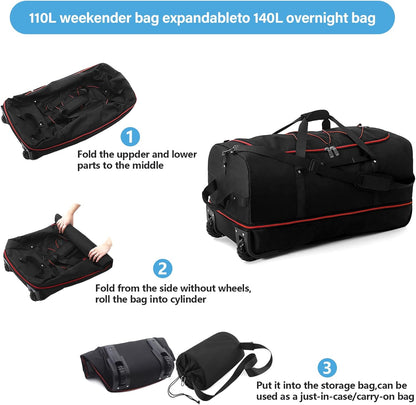 Wheeled Collapsible Duffel Bag,110L-140L Expandable Checked Luggage, No-Telescopic-Handle with Anti-Burst Zipper & Reinforced Frame,Black-red