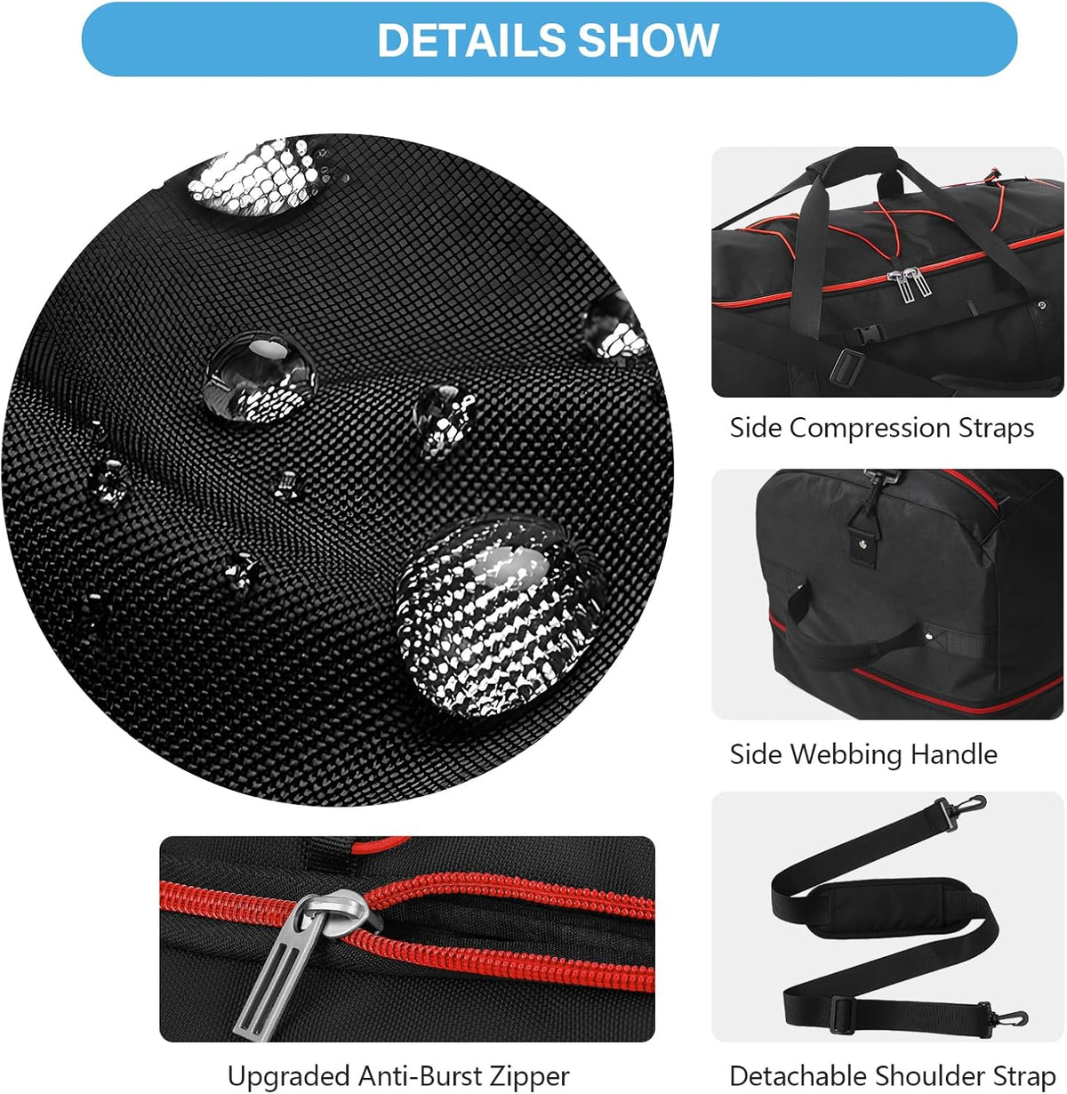 Wheeled Collapsible Duffel Bag,110L-140L Expandable Checked Luggage, No-Telescopic-Handle with Anti-Burst Zipper & Reinforced Frame,Black-red