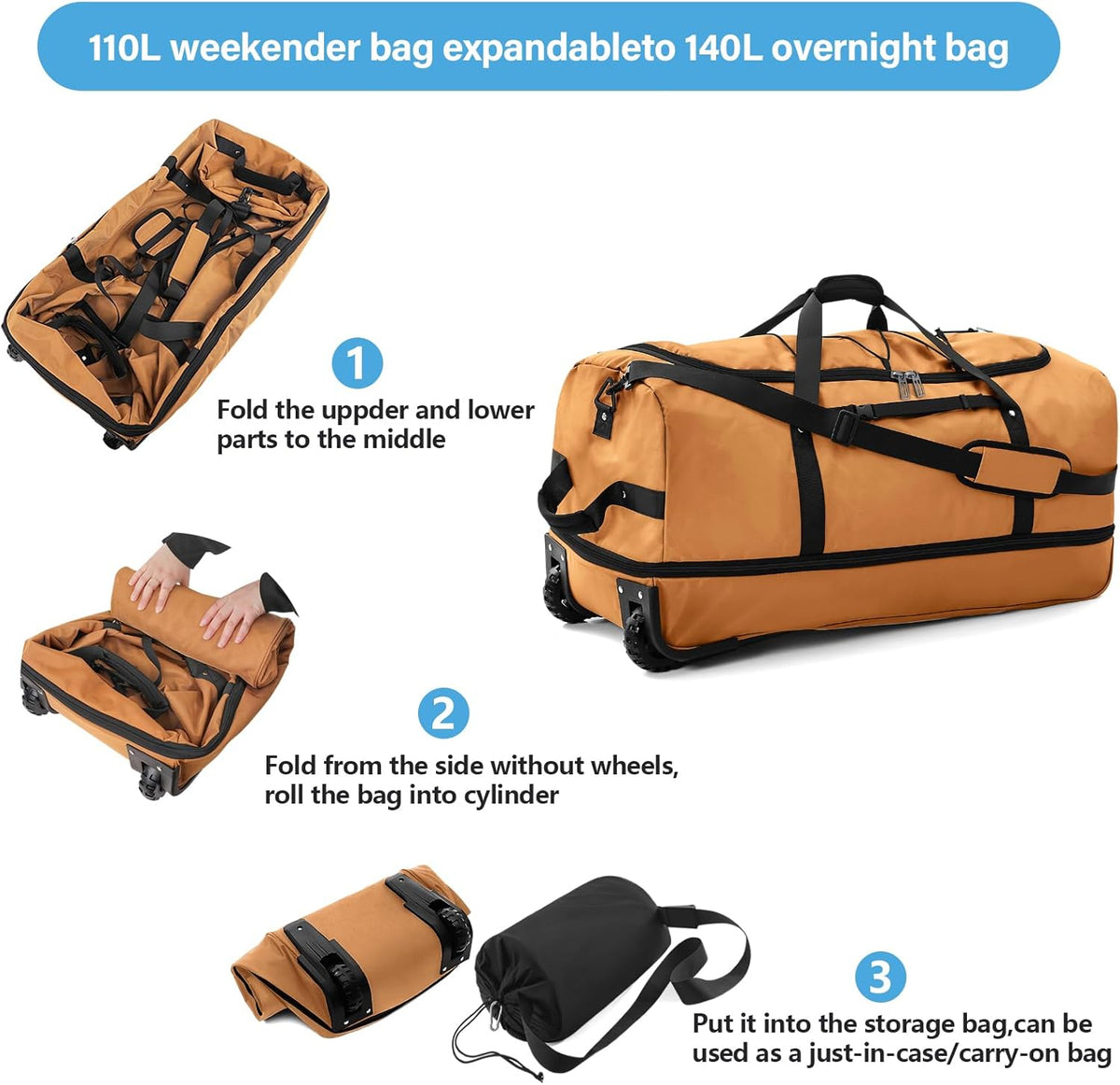 Wheeled Collapsible Duffel Bag,110L-140L Expandable Checked Luggage, No-Telescopic-Handle with Anti-Burst Zipper & Reinforced Frame,Black-red