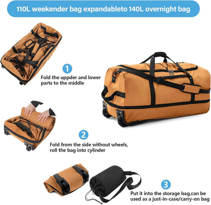 Wheeled Collapsible Duffel Bag,110L-140L Expandable Checked Luggage, No-Telescopic-Handle with Anti-Burst Zipper & Reinforced Frame,Black-red