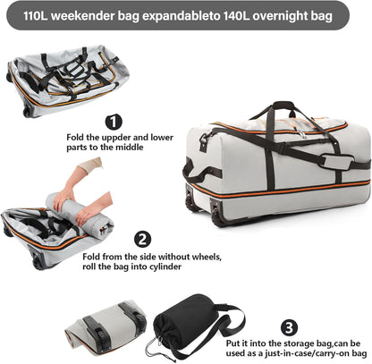 Wheeled Collapsible Duffel Bag,110L-140L Expandable Checked Luggage, No-Telescopic-Handle with Anti-Burst Zipper & Reinforced Frame,Black-red
