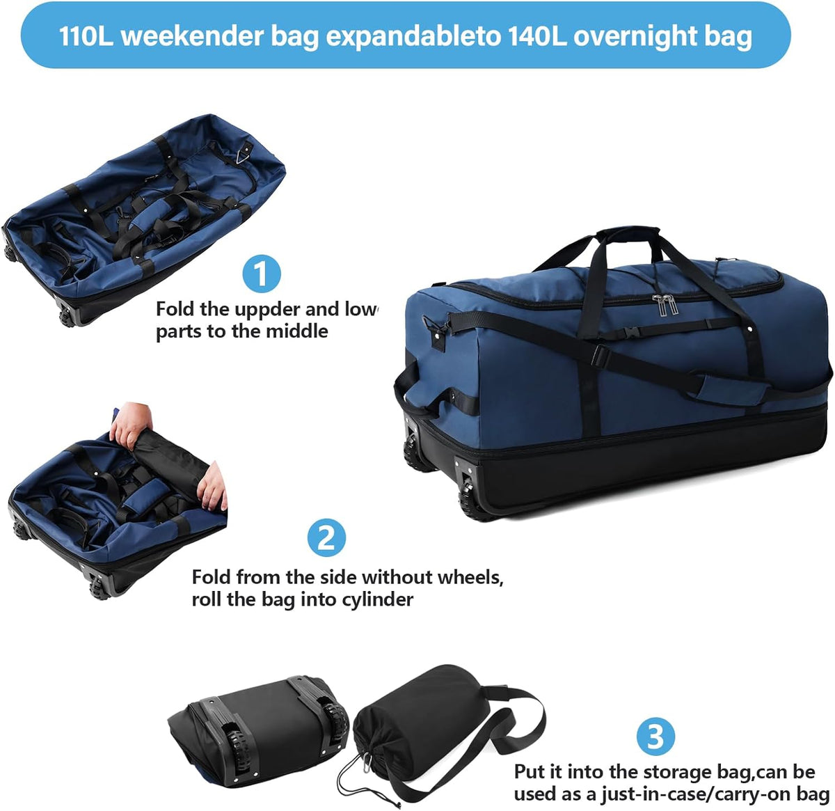 Wheeled Collapsible Duffel Bag,110L-140L Expandable Checked Luggage, No-Telescopic-Handle with Anti-Burst Zipper & Reinforced Frame,Black-red