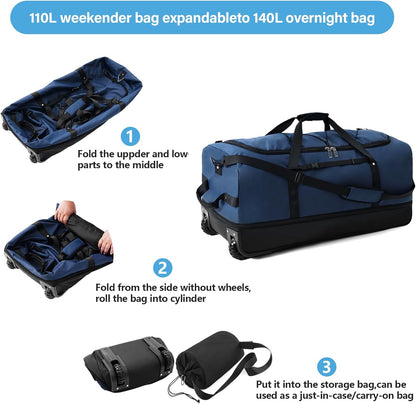 Wheeled Collapsible Duffel Bag,110L-140L Expandable Checked Luggage, No-Telescopic-Handle with Anti-Burst Zipper & Reinforced Frame,Black-red