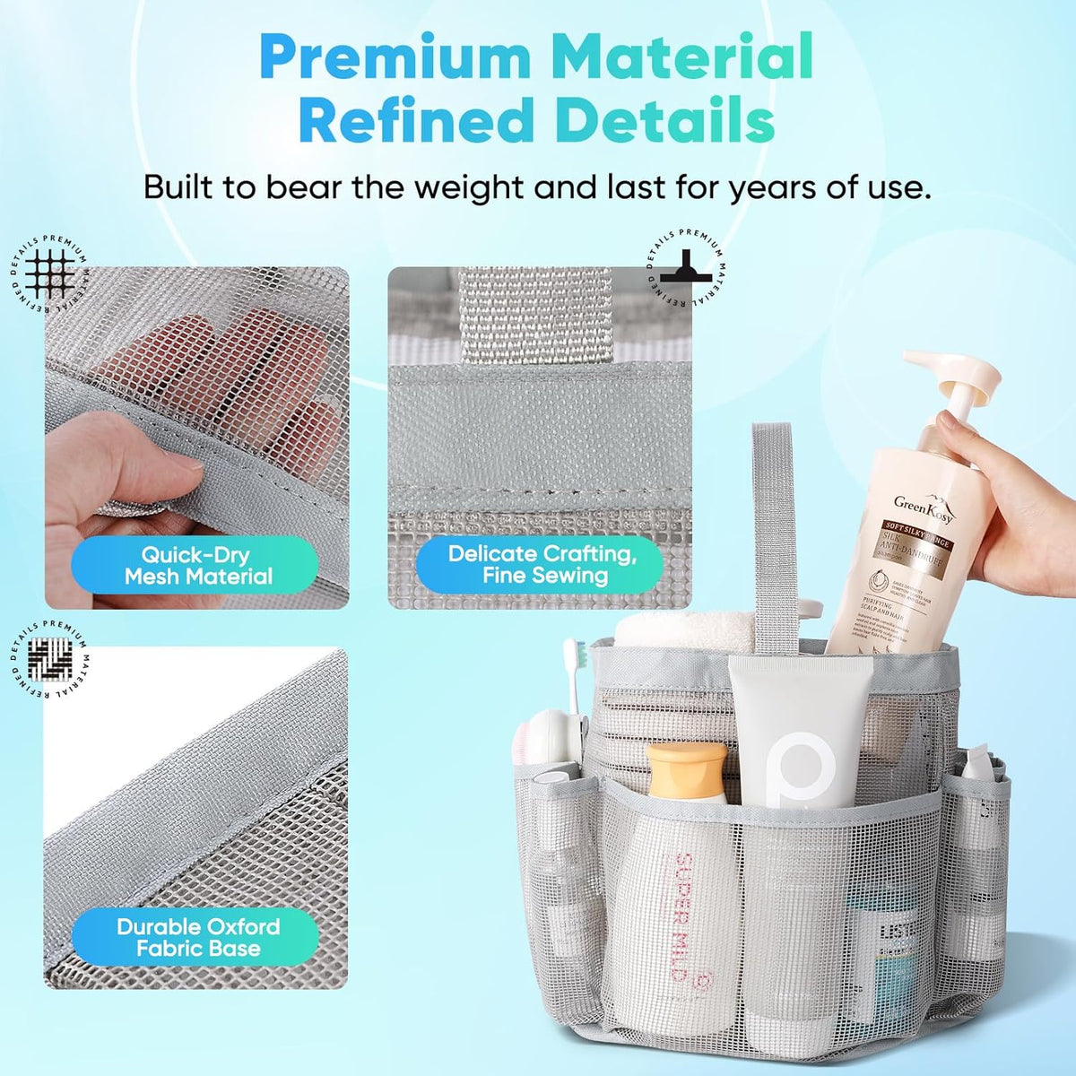 Mesh Shower Caddy Portable for College Dorm Room Essentials, Shower Caddy Dorm with 9-Pocket Large Capacity for Beach, Swimming, Gym, Camping, Travel essentials