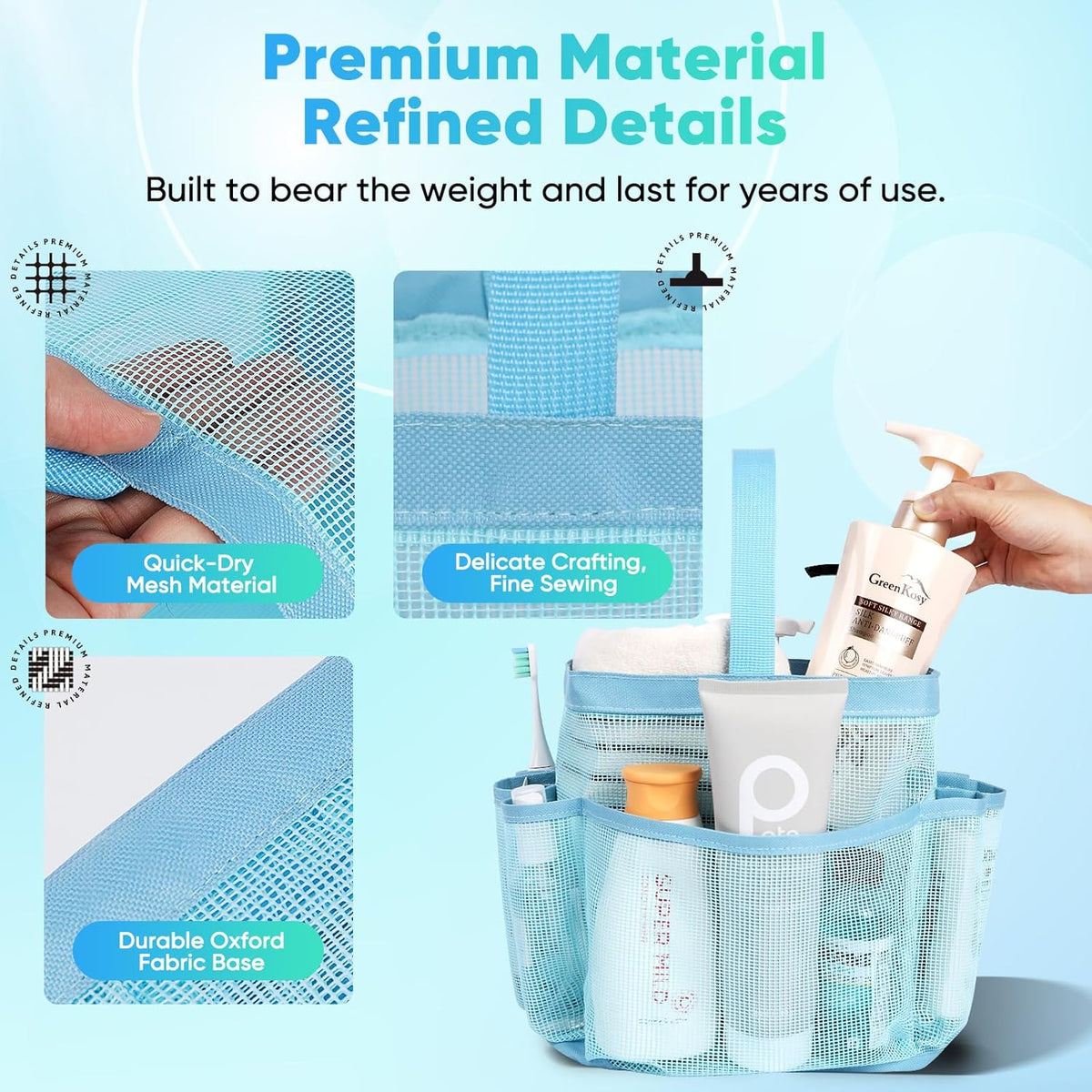 Mesh Shower Caddy Portable for College Dorm Room Essentials, Shower Caddy Dorm with 9-Pocket Large Capacity for Beach, Swimming, Gym, Camping, Travel essentials