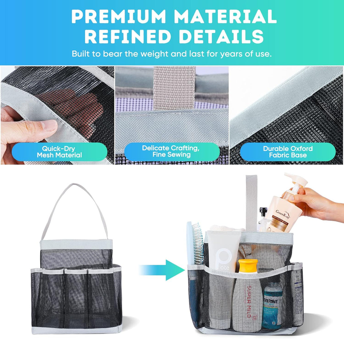 Mesh Shower Caddy Portable for College Dorm Room Essentials, Shower Caddy Dorm with 9-Pocket Large Capacity for Beach, Swimming, Gym, Camping, Travel essentials