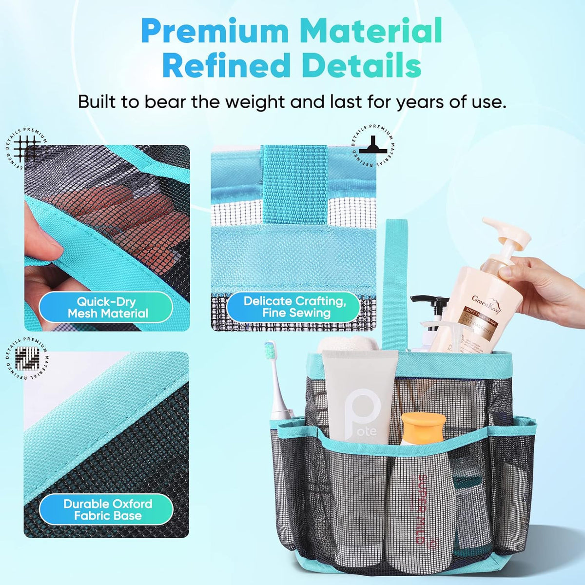 Mesh Shower Caddy Portable for College Dorm Room Essentials, Shower Caddy Dorm with 9-Pocket Large Capacity for Beach, Swimming, Gym, Camping, Travel essentials