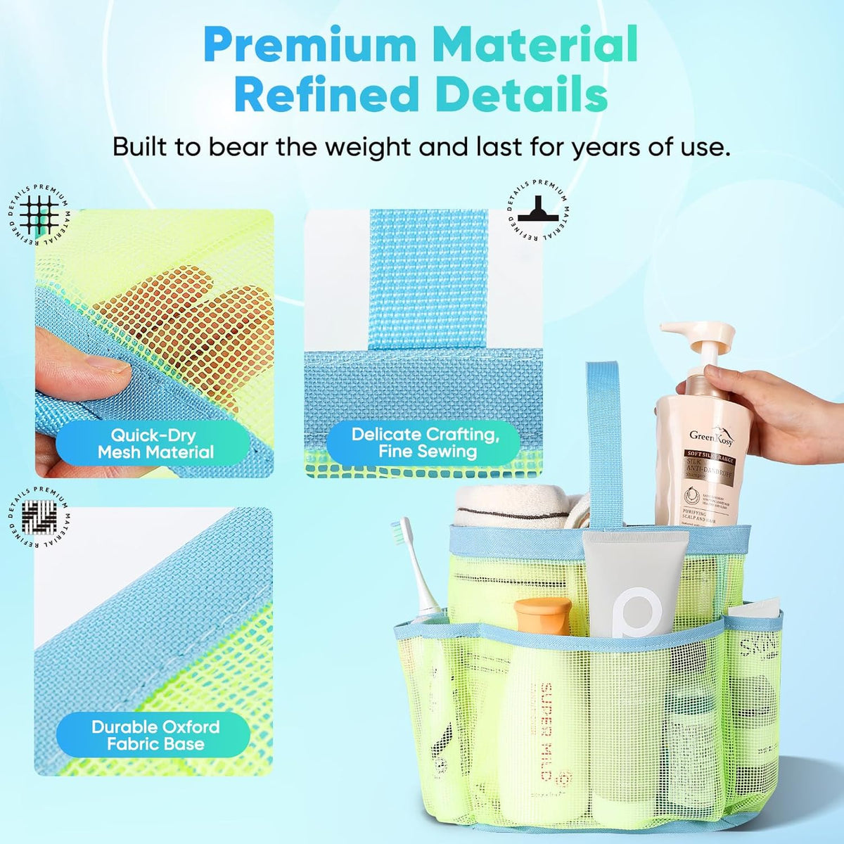 Mesh Shower Caddy Portable for College Dorm Room Essentials, Shower Caddy Dorm with 9-Pocket Large Capacity for Beach, Swimming, Gym, Camping, Travel essentials