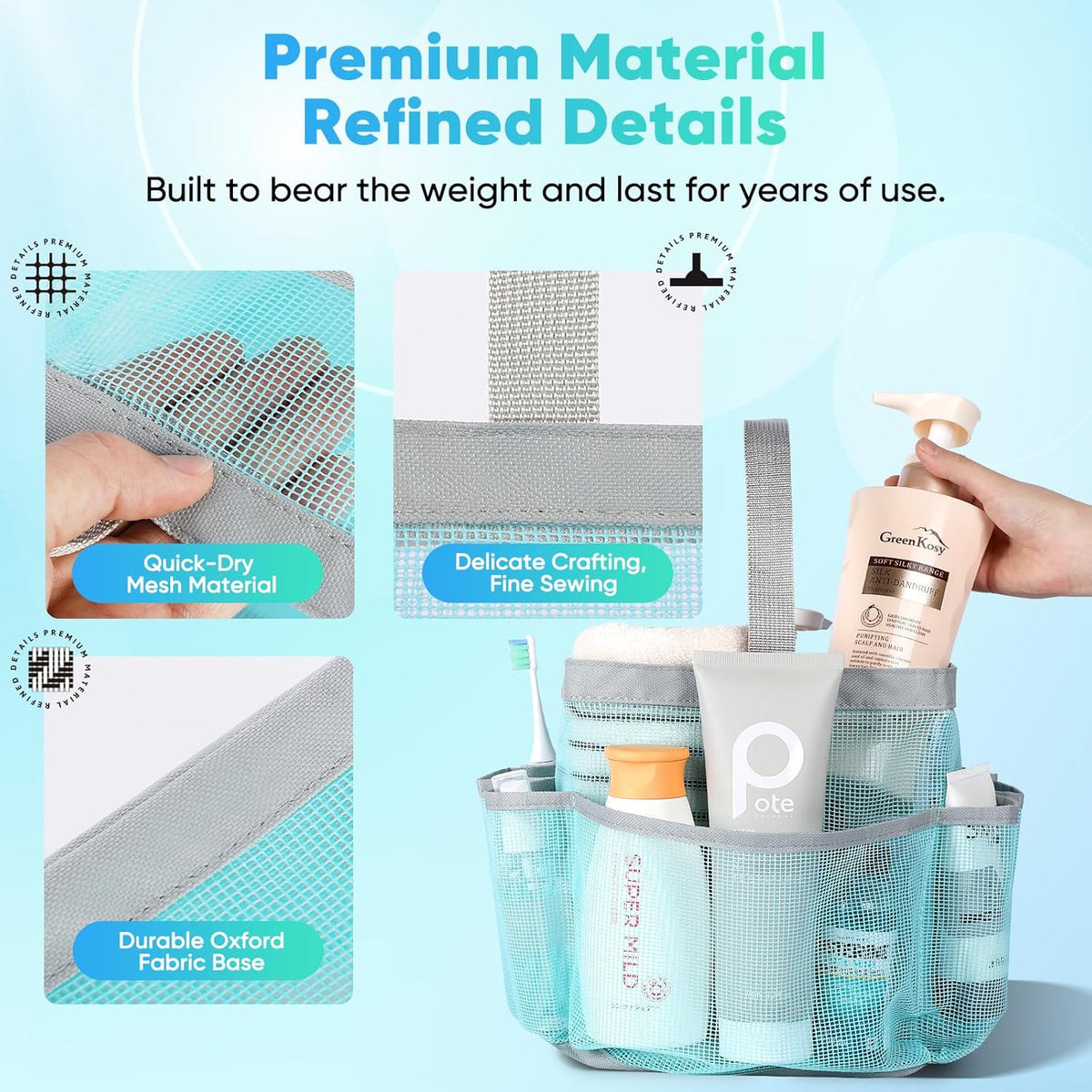 Mesh Shower Caddy Portable for College Dorm Room Essentials, Shower Caddy Dorm with 9-Pocket Large Capacity for Beach, Swimming, Gym, Camping, Travel essentials