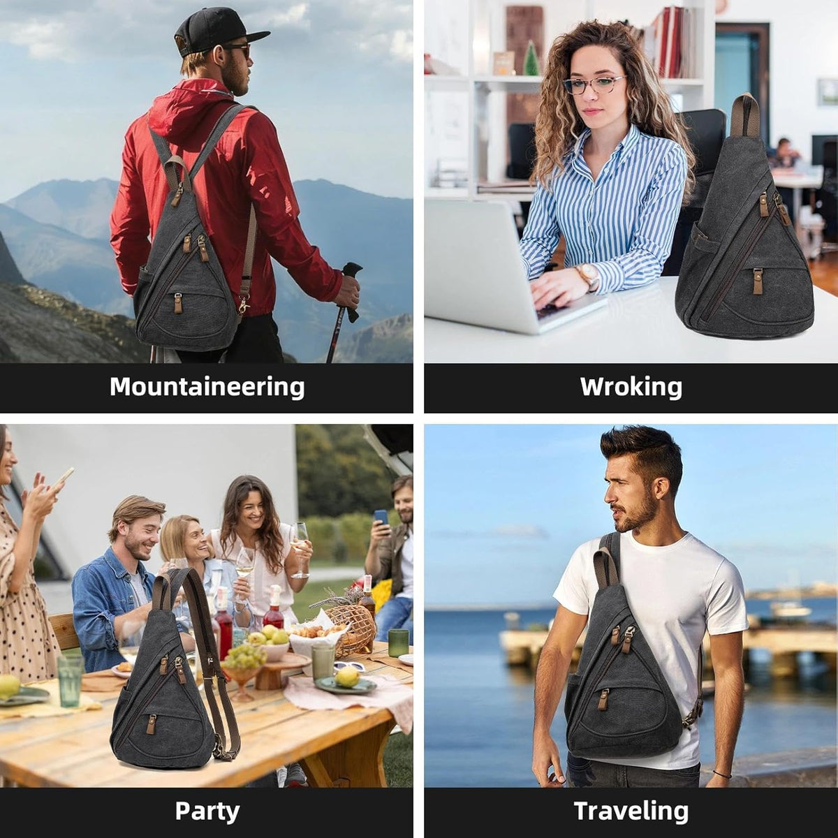 Canvas Sling Bag - Small Crossbody Backpack Shoulder Casual Daypack Rucksack for Men Women