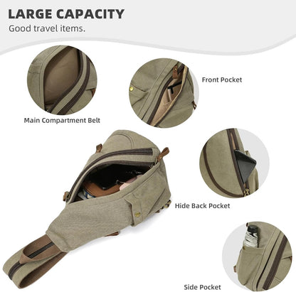 Canvas Sling Bag - Small Crossbody Backpack Shoulder Casual Daypack Rucksack for Men Women