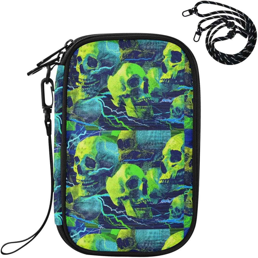 Green Sugar Skull Neon Passport Holder Family Passport Wallet | for Women Men Rfid Blocking Passport Holders Bag Travel Document Organizer with Zipper