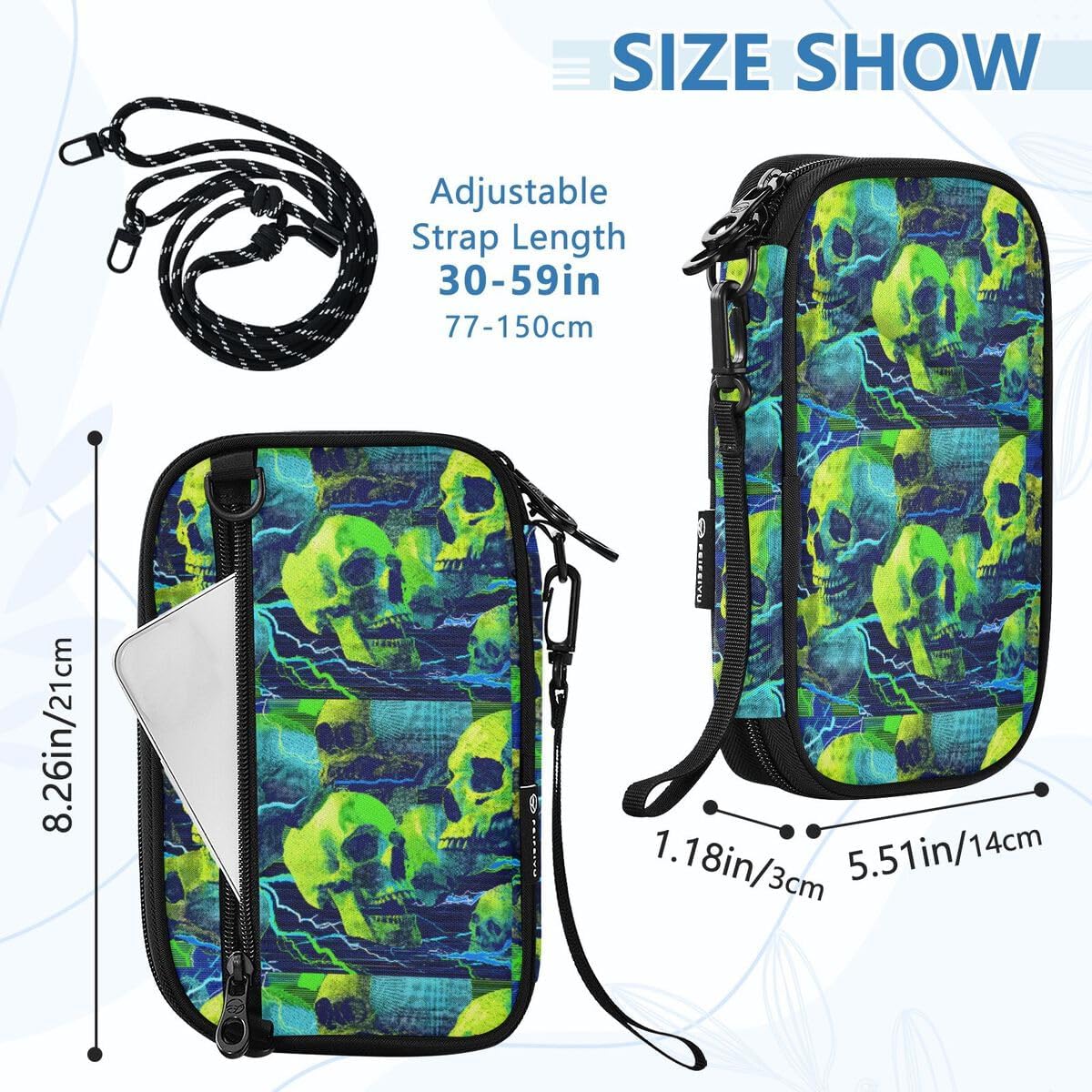 Green Sugar Skull Neon Passport Holder Family Passport Wallet | for Women Men Rfid Blocking Passport Holders Bag Travel Document Organizer with Zipper