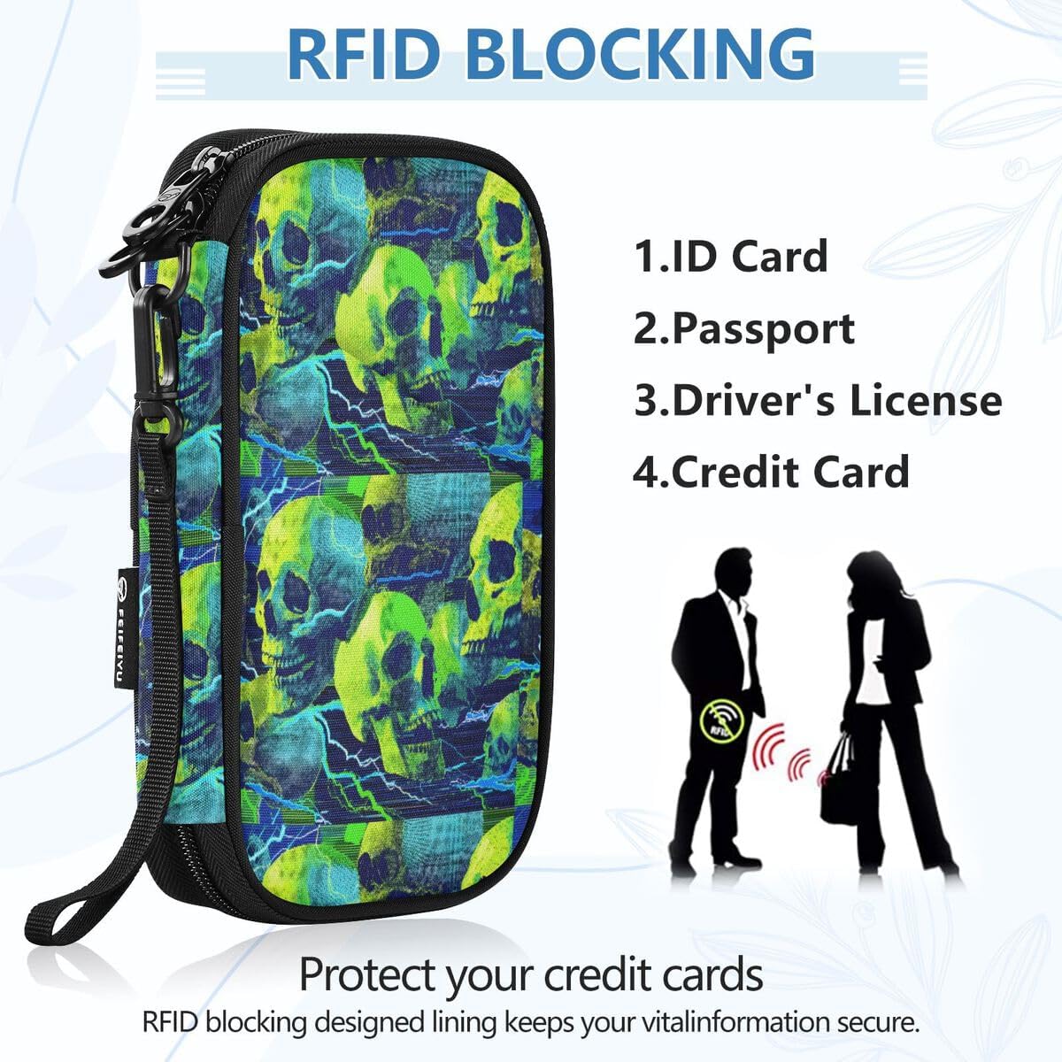 Green Sugar Skull Neon Passport Holder Family Passport Wallet | for Women Men Rfid Blocking Passport Holders Bag Travel Document Organizer with Zipper