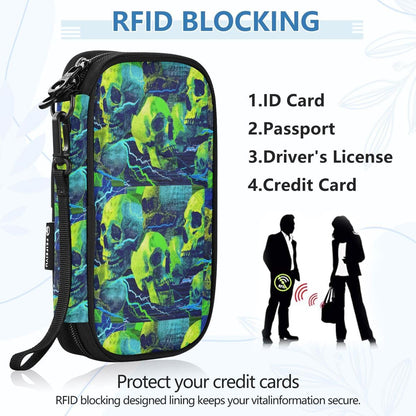 Green Sugar Skull Neon Passport Holder Family Passport Wallet | for Women Men Rfid Blocking Passport Holders Bag Travel Document Organizer with Zipper