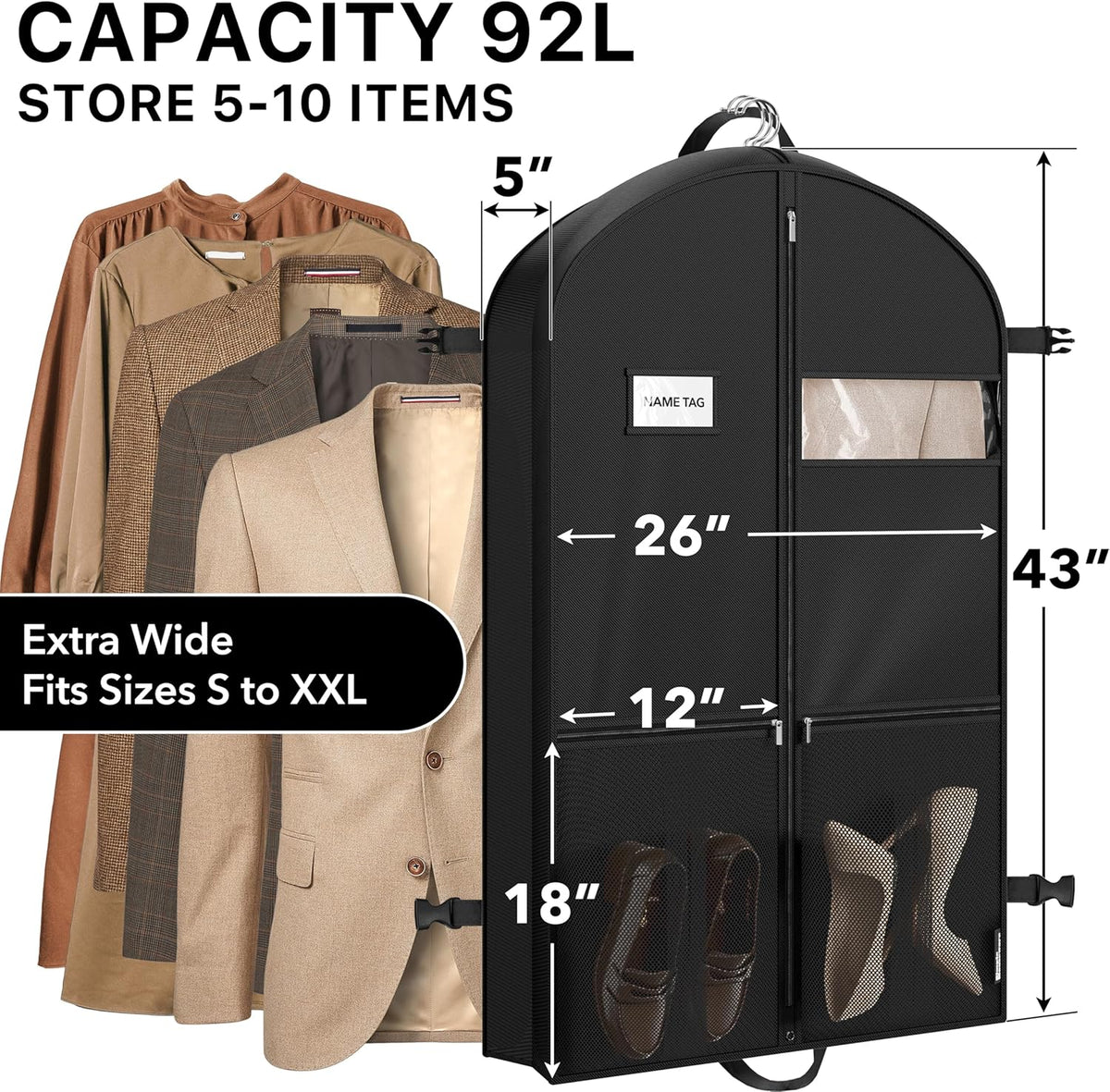 65'' Travel Garment Bag with Pockets for Suits, Dresses, Coats, Tuxedos, Heavy Duty 300D Polyester