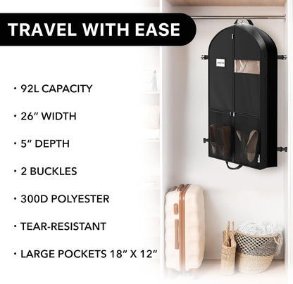 65'' Travel Garment Bag with Pockets for Suits, Dresses, Coats, Tuxedos, Heavy Duty 300D Polyester