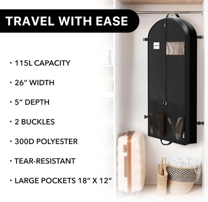 65'' Travel Garment Bag with Pockets for Suits, Dresses, Coats, Tuxedos, Heavy Duty 300D Polyester