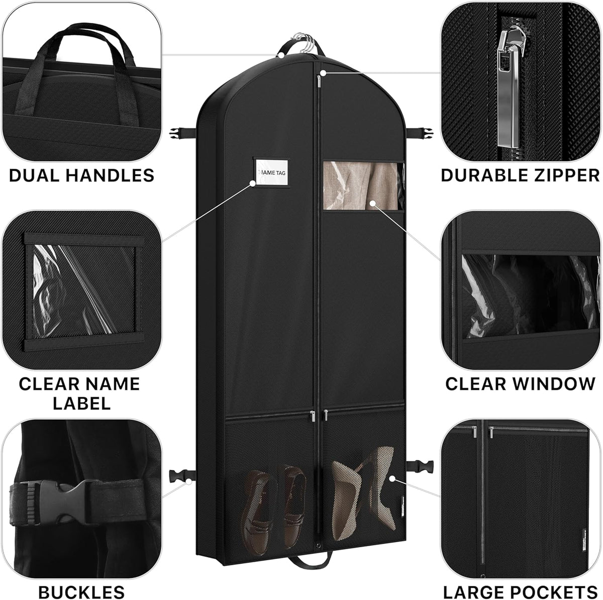 65'' Travel Garment Bag with Pockets for Suits, Dresses, Coats, Tuxedos, Heavy Duty 300D Polyester