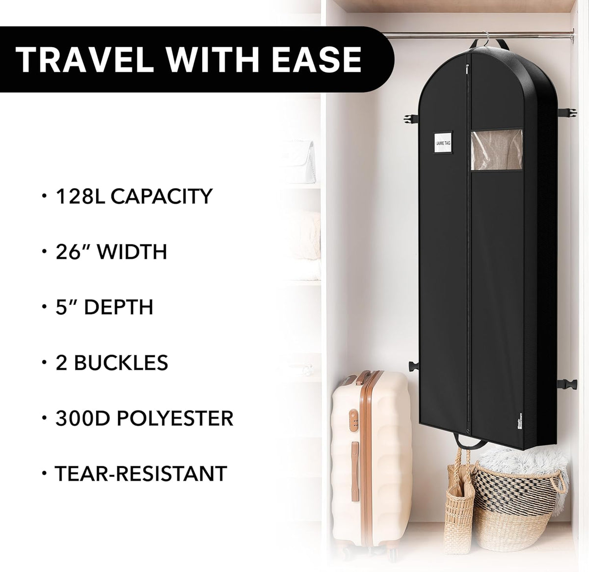 65'' Travel Garment Bag with Pockets for Suits, Dresses, Coats, Tuxedos, Heavy Duty 300D Polyester