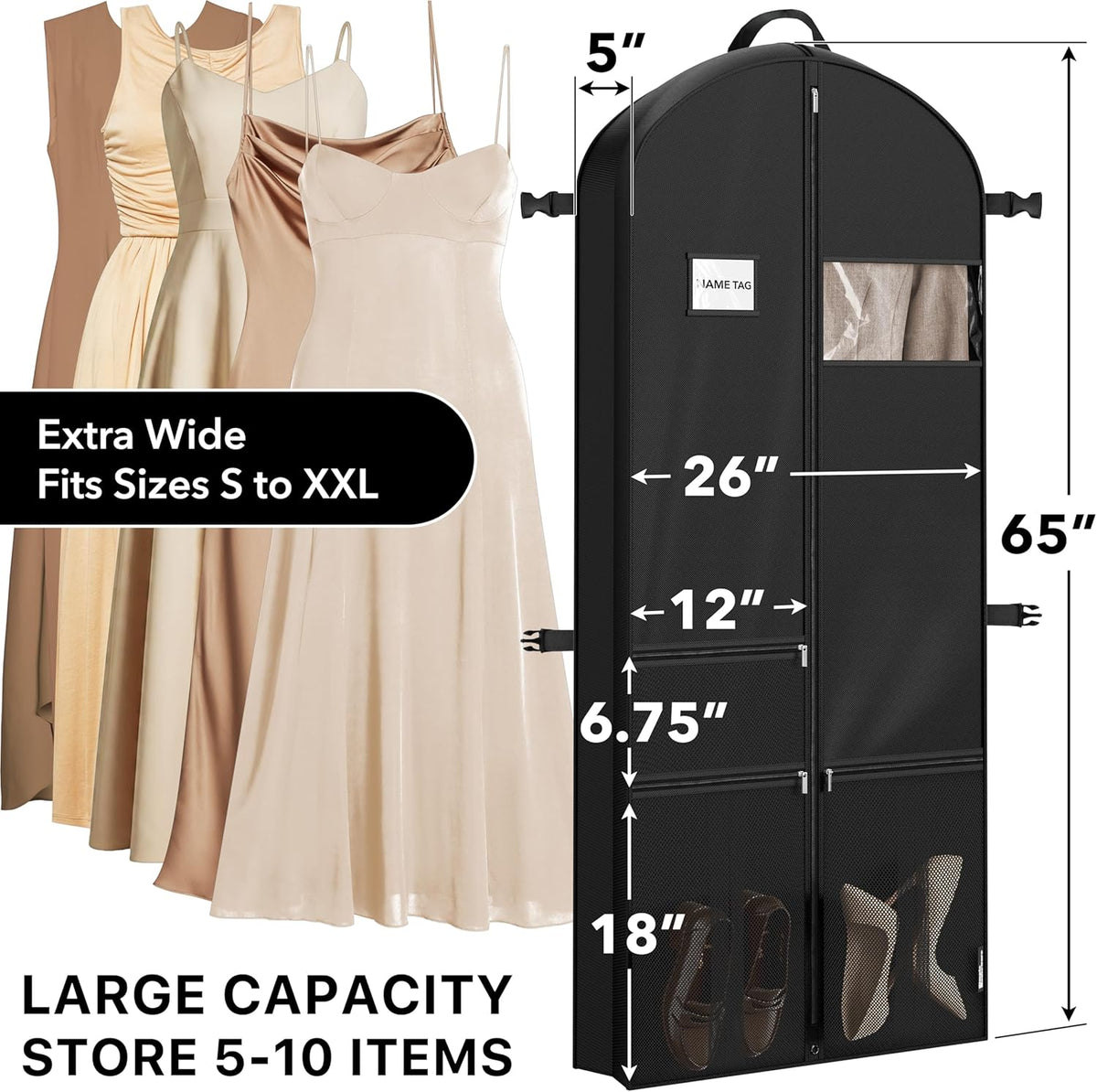65'' Travel Garment Bag with Pockets for Suits, Dresses, Coats, Tuxedos, Heavy Duty 300D Polyester