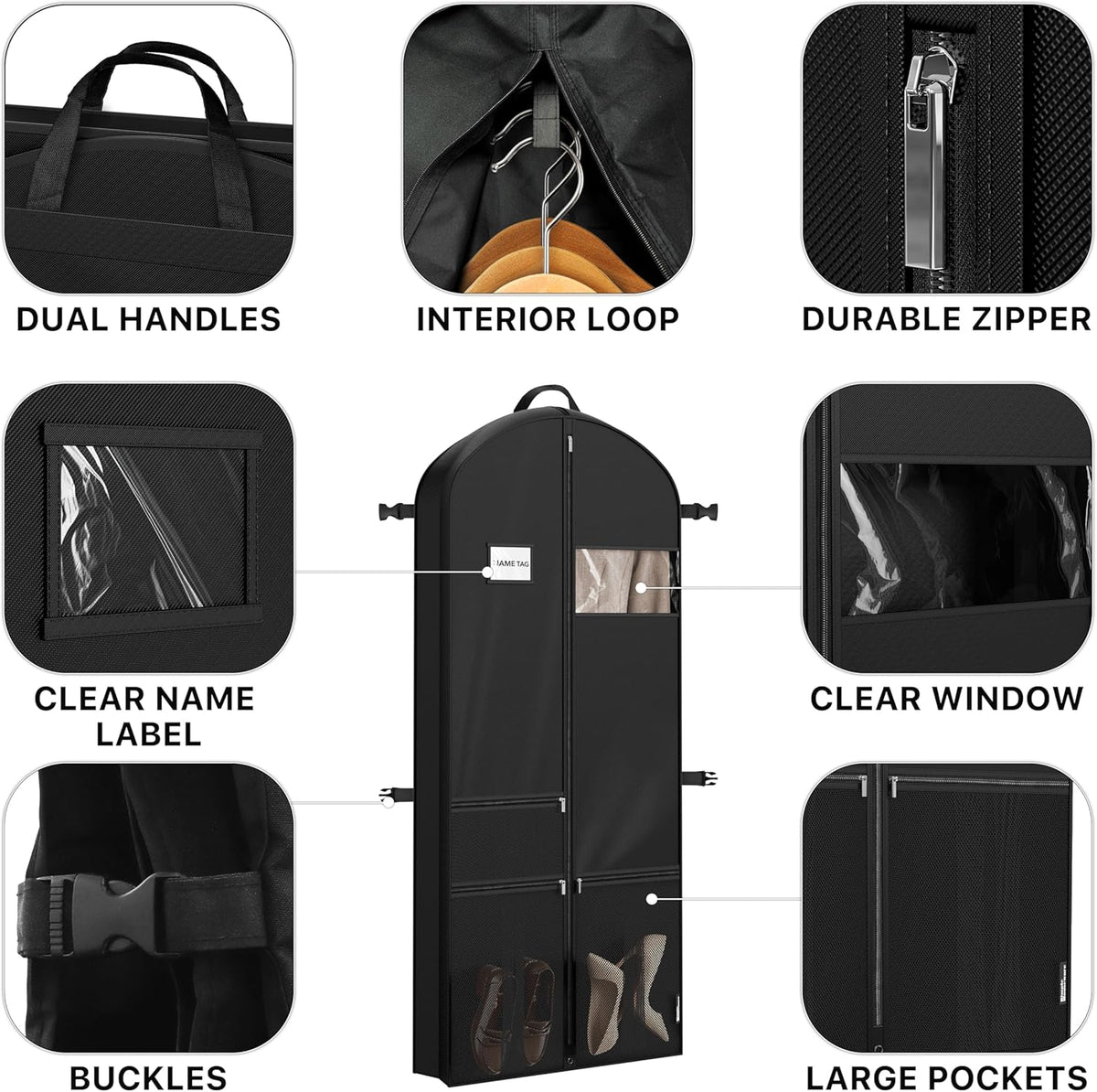65'' Travel Garment Bag with Pockets for Suits, Dresses, Coats, Tuxedos, Heavy Duty 300D Polyester