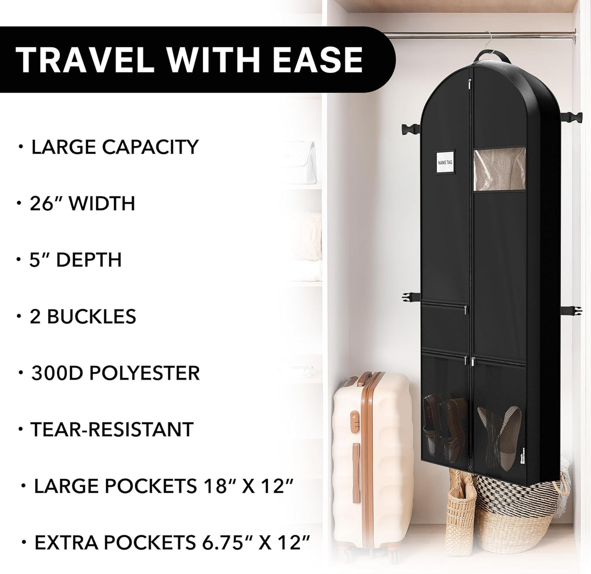 65'' Travel Garment Bag with Pockets for Suits, Dresses, Coats, Tuxedos, Heavy Duty 300D Polyester
