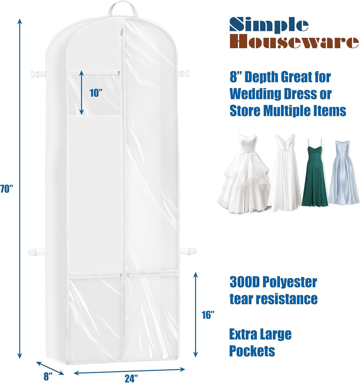 65'' Travel Garment Bag with Pockets for Suits, Dresses, Coats, Tuxedos, Heavy Duty 300D Polyester