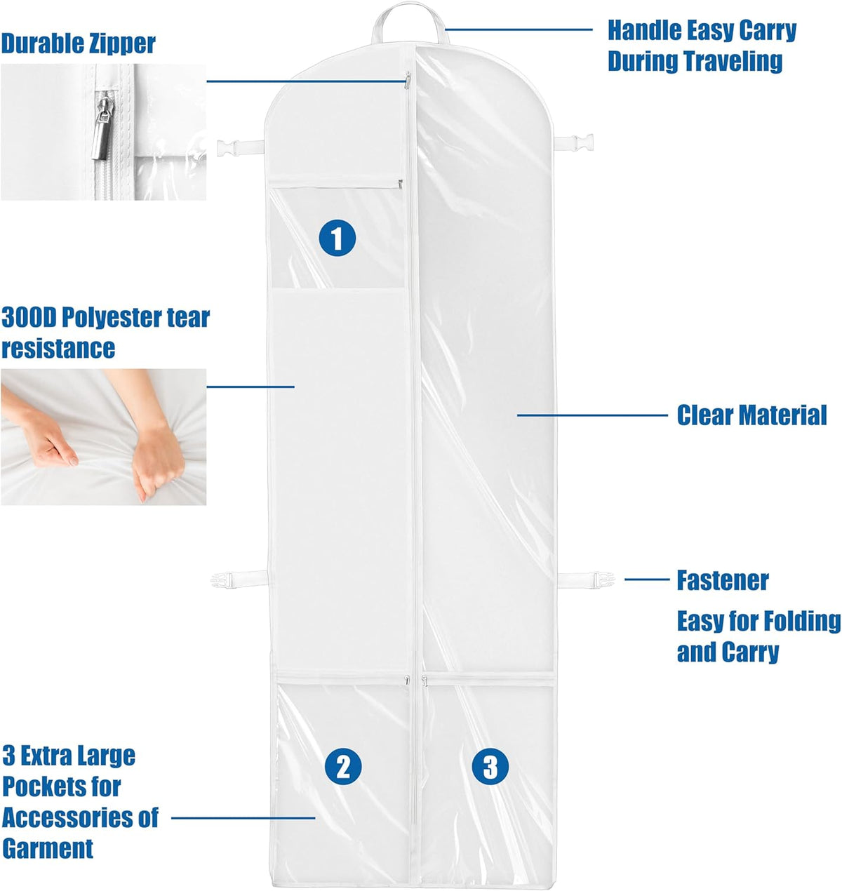65'' Travel Garment Bag with Pockets for Suits, Dresses, Coats, Tuxedos, Heavy Duty 300D Polyester