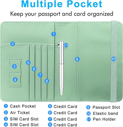 Passport Holder Cover, Leather Travel Wallet Case, RFID Blocking Document Organizer Protecrtor, with Slots for Credit Cards, Boarding Pass, for Women and Men, Navy Blue