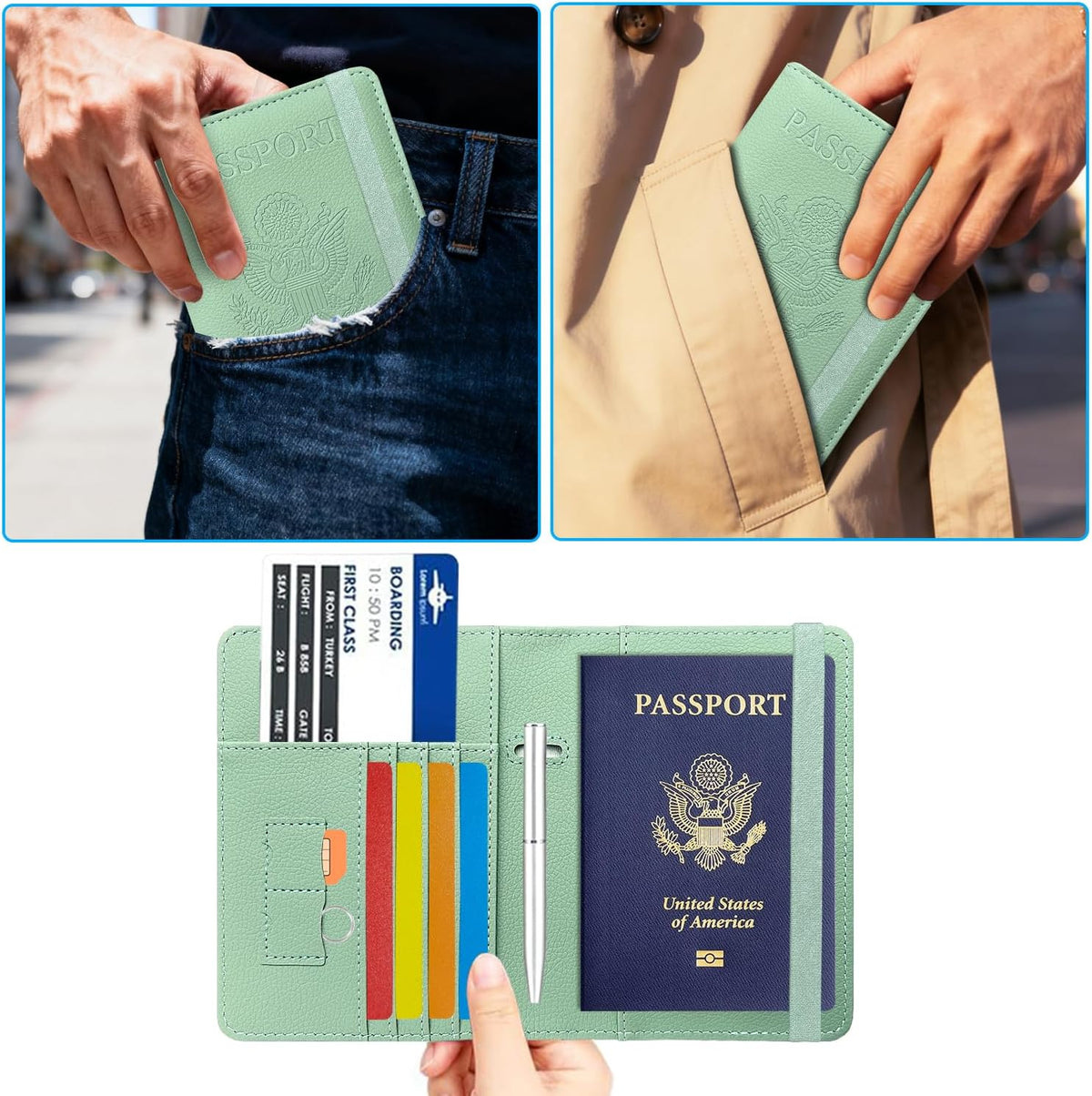 Passport Holder Cover, Leather Travel Wallet Case, RFID Blocking Document Organizer Protecrtor, with Slots for Credit Cards, Boarding Pass, for Women and Men, Navy Blue