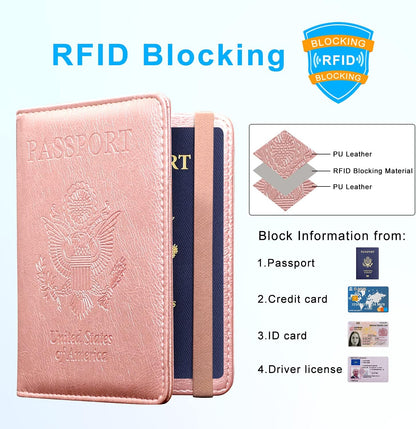 Passport Holder Cover, Leather Travel Wallet Case, RFID Blocking Document Organizer Protecrtor, with Slots for Credit Cards, Boarding Pass, for Women and Men, Navy Blue
