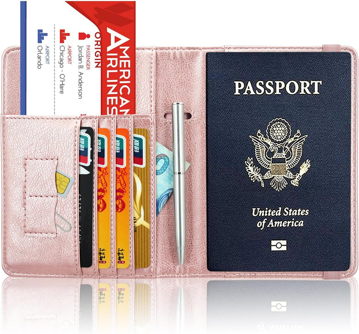 Passport Holder Cover, Leather Travel Wallet Case, RFID Blocking Document Organizer Protecrtor, with Slots for Credit Cards, Boarding Pass, for Women and Men, Navy Blue
