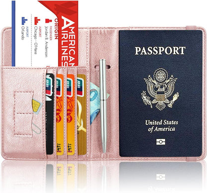 Passport Holder Cover, Leather Travel Wallet Case, RFID Blocking Document Organizer Protecrtor, with Slots for Credit Cards, Boarding Pass, for Women and Men, Navy Blue