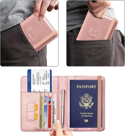 Passport Holder Cover, Leather Travel Wallet Case, RFID Blocking Document Organizer Protecrtor, with Slots for Credit Cards, Boarding Pass, for Women and Men, Navy Blue
