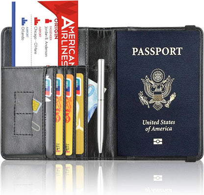 Passport Holder Cover, Leather Travel Wallet Case, RFID Blocking Document Organizer Protecrtor, with Slots for Credit Cards, Boarding Pass, for Women and Men, Navy Blue