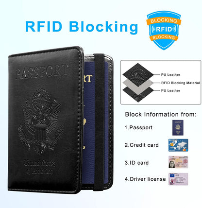 Passport Holder Cover, Leather Travel Wallet Case, RFID Blocking Document Organizer Protecrtor, with Slots for Credit Cards, Boarding Pass, for Women and Men, Navy Blue