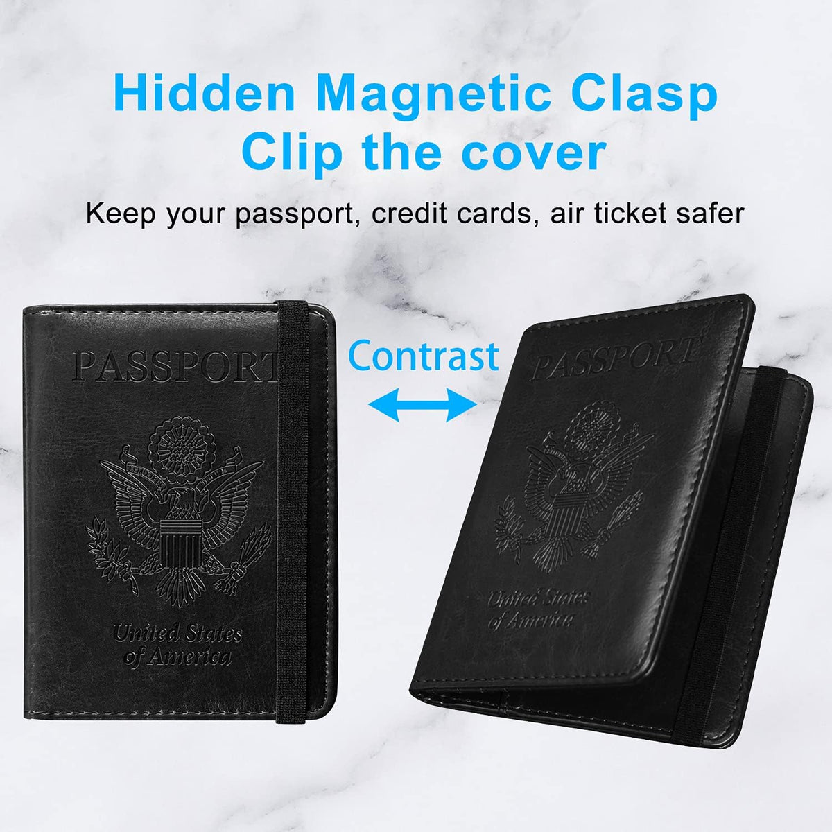 Passport Holder Cover, Leather Travel Wallet Case, RFID Blocking Document Organizer Protecrtor, with Slots for Credit Cards, Boarding Pass, for Women and Men, Navy Blue