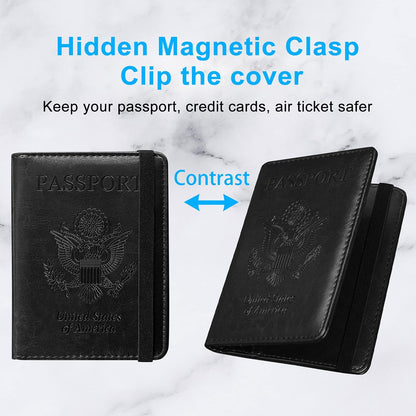 Passport Holder Cover, Leather Travel Wallet Case, RFID Blocking Document Organizer Protecrtor, with Slots for Credit Cards, Boarding Pass, for Women and Men, Navy Blue