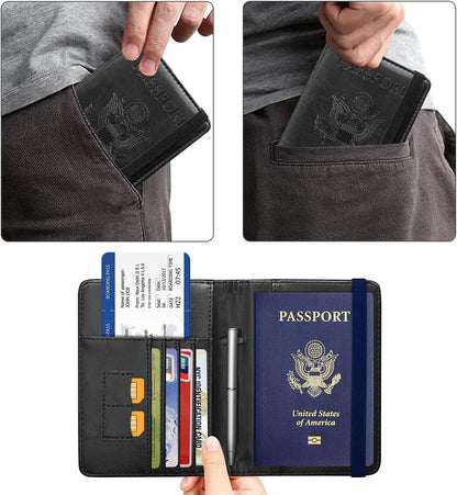 Passport Holder Cover, Leather Travel Wallet Case, RFID Blocking Document Organizer Protecrtor, with Slots for Credit Cards, Boarding Pass, for Women and Men, Navy Blue