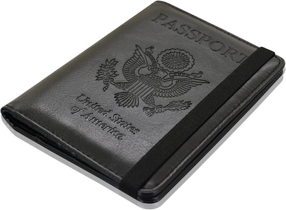 Passport Holder Cover, Leather Travel Wallet Case, RFID Blocking Document Organizer Protecrtor, with Slots for Credit Cards, Boarding Pass, for Women and Men, Navy Blue