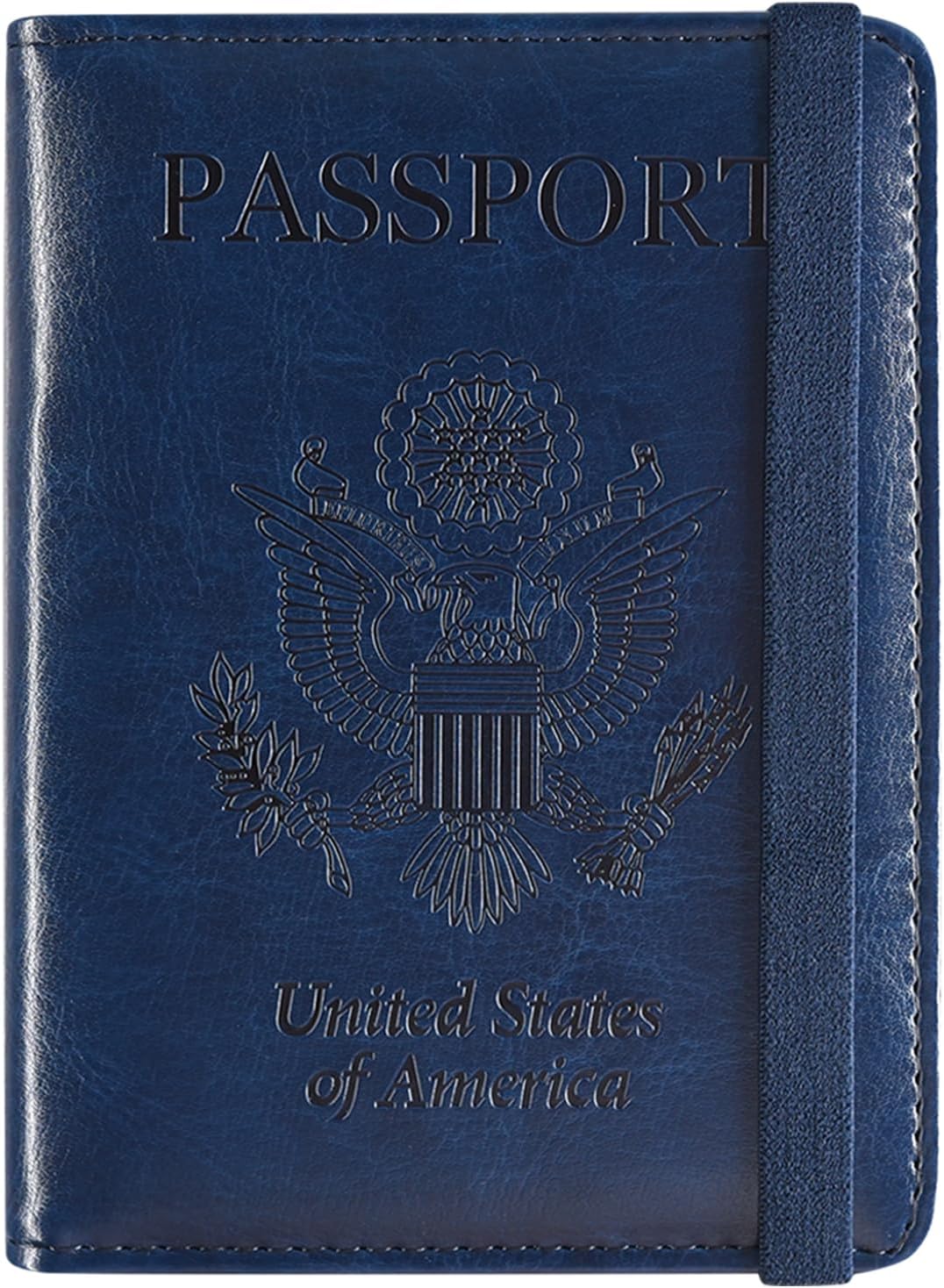 Passport Holder Cover, Leather Travel Wallet Case, RFID Blocking Document Organizer Protecrtor, with Slots for Credit Cards, Boarding Pass, for Women and Men, Navy Blue