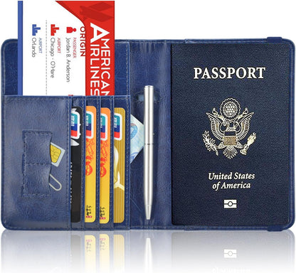 Passport Holder Cover, Leather Travel Wallet Case, RFID Blocking Document Organizer Protecrtor, with Slots for Credit Cards, Boarding Pass, for Women and Men, Navy Blue