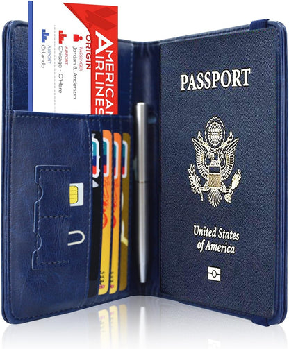 Passport Holder Cover, Leather Travel Wallet Case, RFID Blocking Document Organizer Protecrtor, with Slots for Credit Cards, Boarding Pass, for Women and Men, Navy Blue