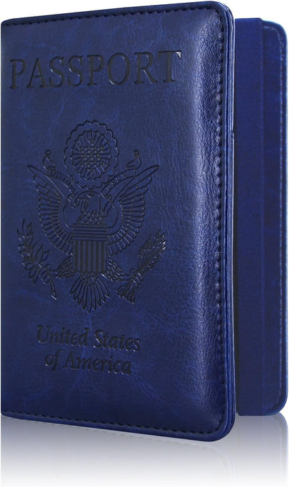 Passport Holder Cover, Leather Travel Wallet Case, RFID Blocking Document Organizer Protecrtor, with Slots for Credit Cards, Boarding Pass, for Women and Men, Navy Blue
