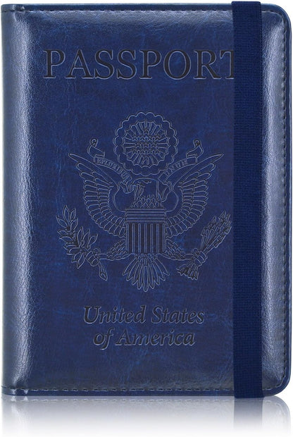 Passport Holder Cover, Leather Travel Wallet Case, RFID Blocking Document Organizer Protecrtor, with Slots for Credit Cards, Boarding Pass, for Women and Men, Navy Blue