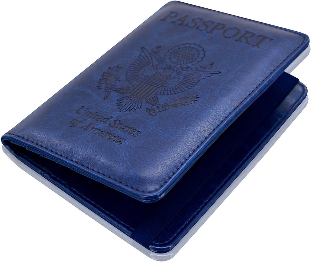 Passport Holder Cover, Leather Travel Wallet Case, RFID Blocking Document Organizer Protecrtor, with Slots for Credit Cards, Boarding Pass, for Women and Men, Navy Blue