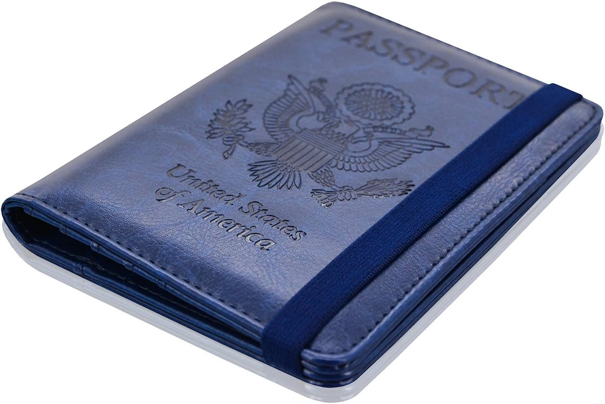 Passport Holder Cover, Leather Travel Wallet Case, RFID Blocking Document Organizer Protecrtor, with Slots for Credit Cards, Boarding Pass, for Women and Men, Navy Blue
